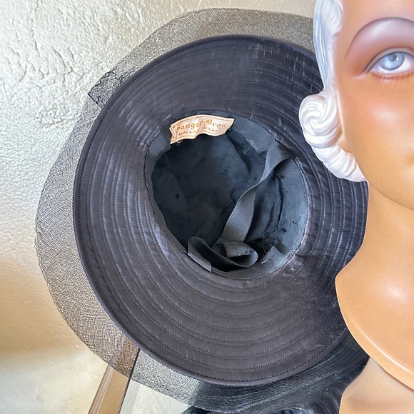 EXQUISITE 1940s\' BLACK TOPSTITCHED FABRIC & CRIN WIDE BRIM TILT HAT main image 11